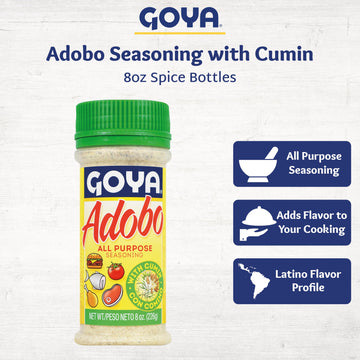 Adobo All Purpose Seasoning With Cumin By Goya, Poultry, Seafood, Meat, And Vegetable Seasoning, Fat Free And Calorie Free Latin Spice Blend, Mexican Seasoning, 8Oz. Bottle