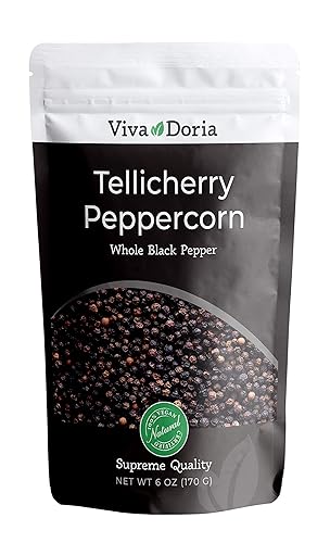 Viva Doria Tellicherry Peppercorn, Whole Black Pepper, Steam Sterilized Black Peppercorns, 6 Oz, For Grinder Refill