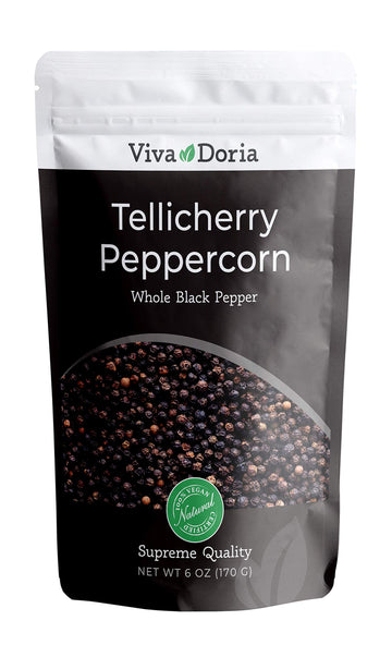 Viva Doria Tellicherry Peppercorn, Whole Black Pepper, Steam Sterilized Black Peppercorns, 6 Oz, For Grinder Refill