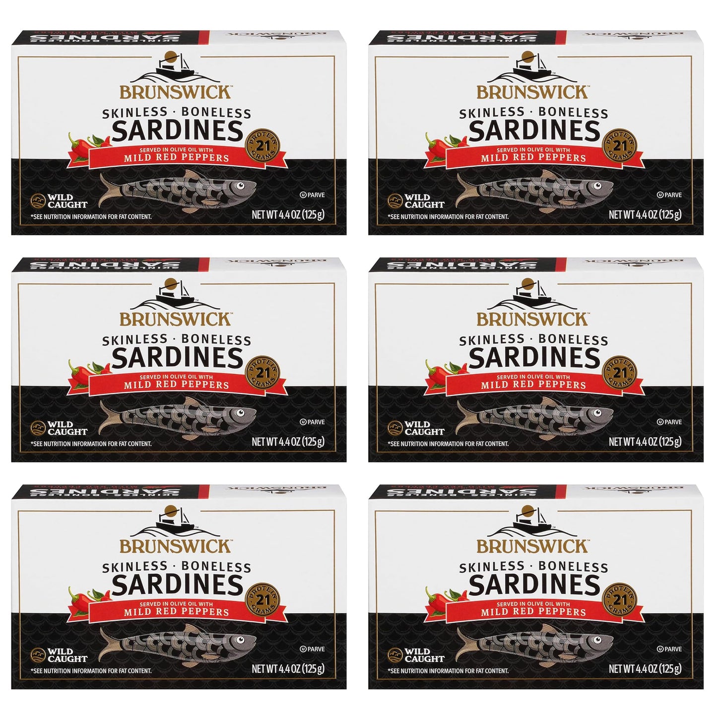 Brunswick Wild Caught Skinless And Boneless Sardines, Served In Olive Oil With Mild Red Peppers, 4.4 Oz (Pack Of 6)