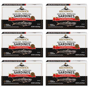 Brunswick Wild Caught Skinless And Boneless Sardines, Served In Olive Oil With Mild Red Peppers, 4.4 Oz (Pack Of 6)