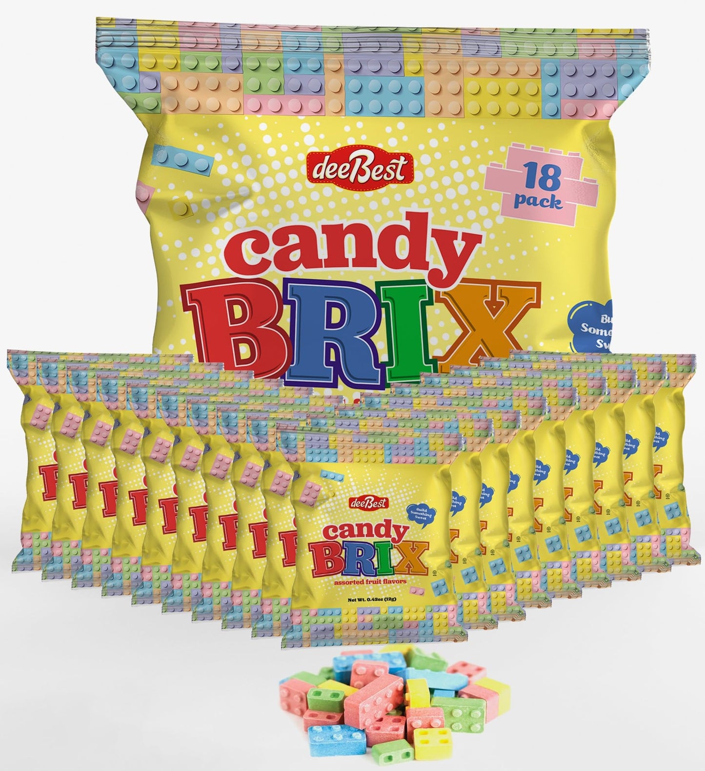 Dee Best Candy Brix Building Brick Candy Assortment - 18 Party Favor Bags Assorted Fruit Flavors Fun and Perfect for Candy Lover