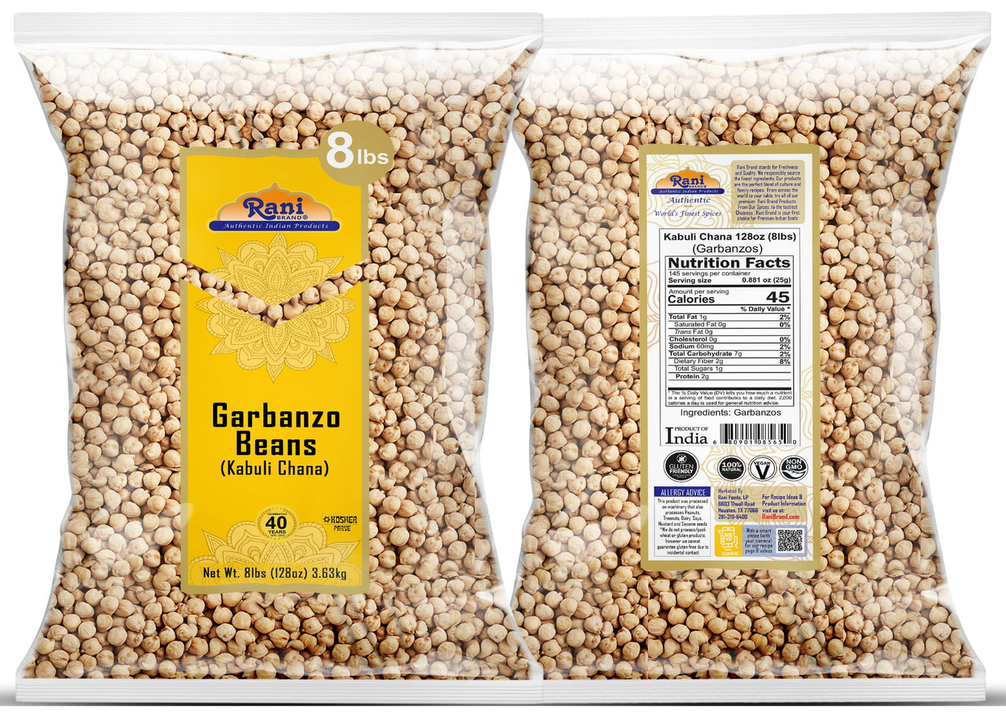 Rani Garbanzo Beans (Kabuli Chana) 128Oz (8Lbs) 3.63Kg Bulk ~ All Natural | Vegan | Gluten Friendly | Non-Gmo | Kosher | Indian Origin