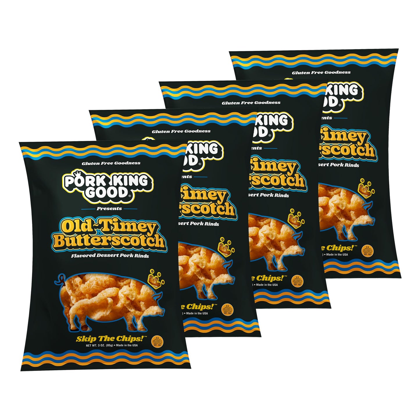 Pork King Good Old-Timey Butterscotch 3 oz Dessert Flavored Pork Rinds - (4Pack) Sweet and Salty, Gluten Free Snacks