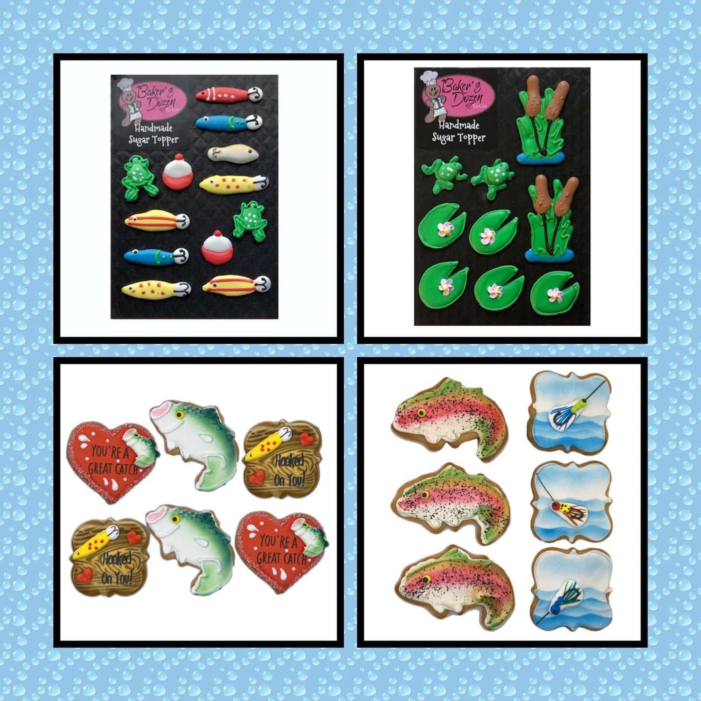 Mini Minnow Fishing Accessory Pack- 12 pcs Edible Icing Cake Decoration Topper by BakersDozenToGo (Choose Style Below)