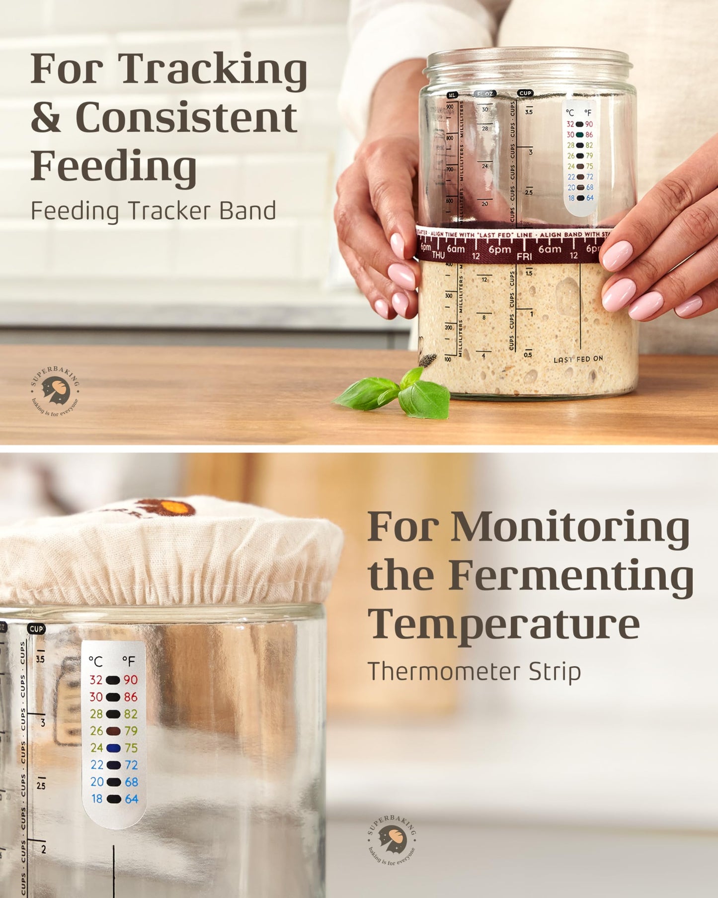 Superbaking Sourdough Starter Jar, Beginner Friendly Sourdough Starter Kit with 34oz Wide Mouth Glass Jar, Sour Dough Container