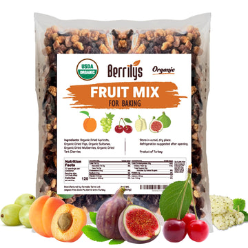 Berrilys Dried Fruit Mix, 2 Lbs, Organic, Diced Figs, Diced Apricots, White Mulberries, Sultanas, Sour Cherries, No Sugar Added,