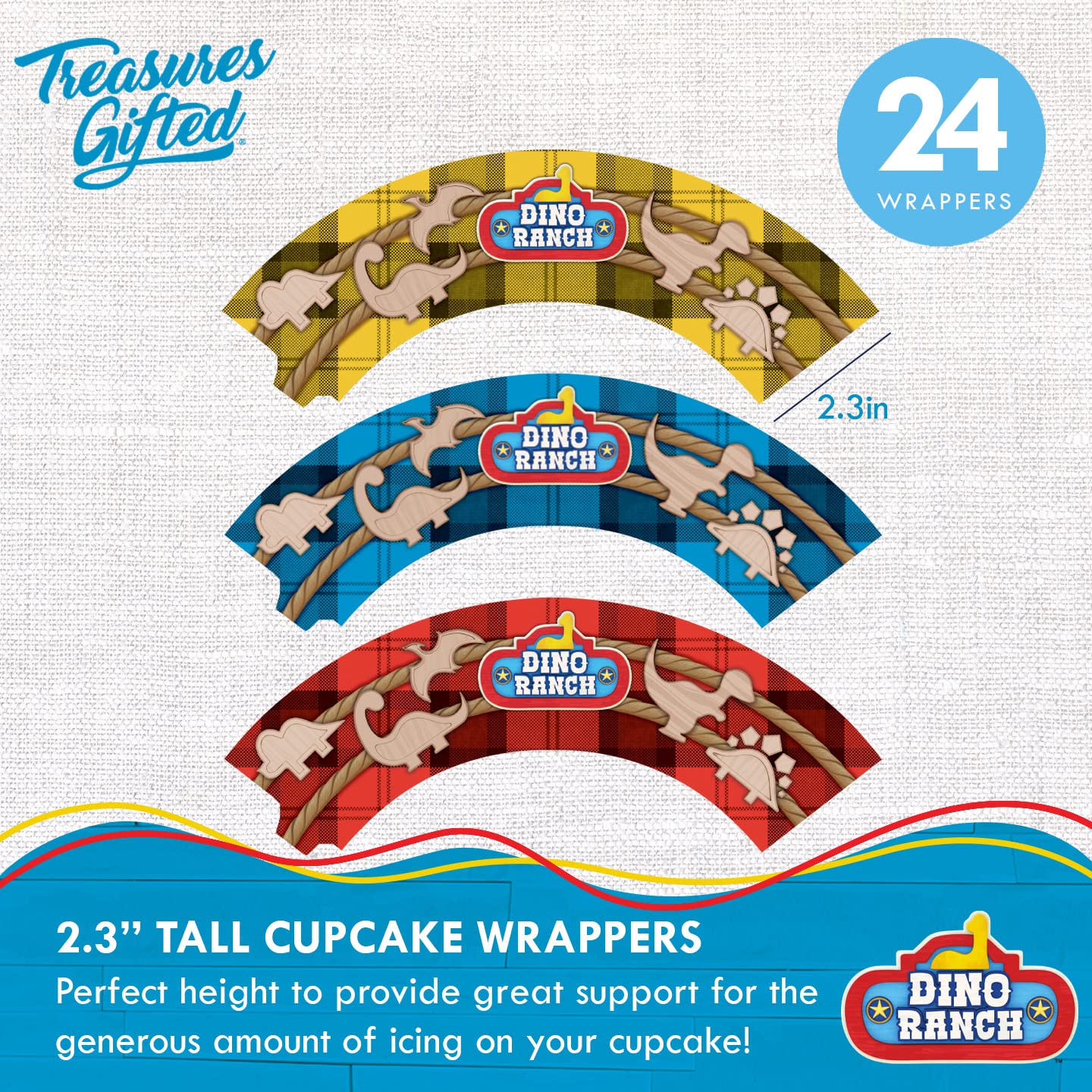 Treasures Gifted Dino Ranch Birthday Decorations - Cake Topper Set with Cupcake Toppers & Wrappers - Dino Ranch Themed