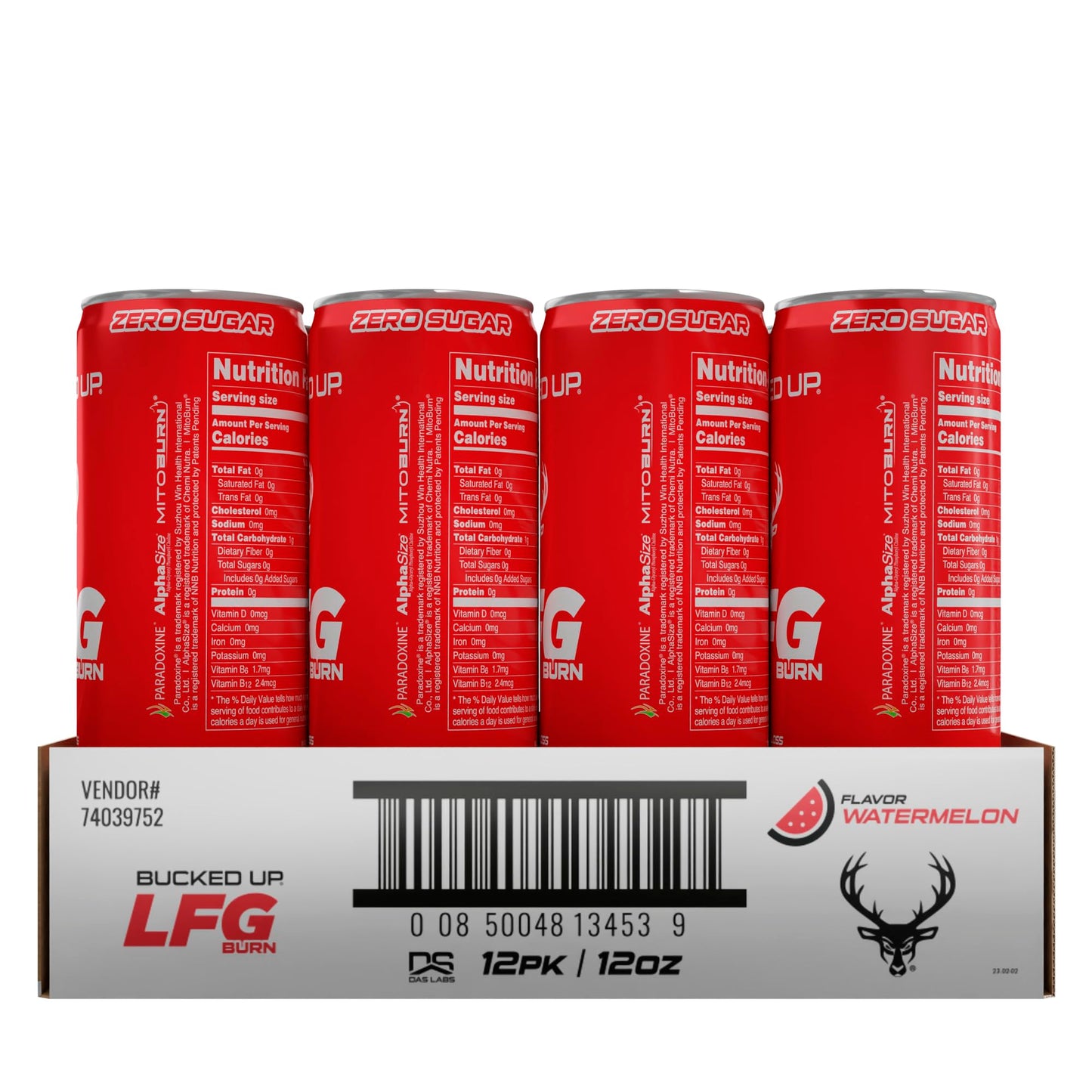 Bucked Up LFG BURN Energy Drink - Zero Sugar - 12 Pack - Watermelon Flavor