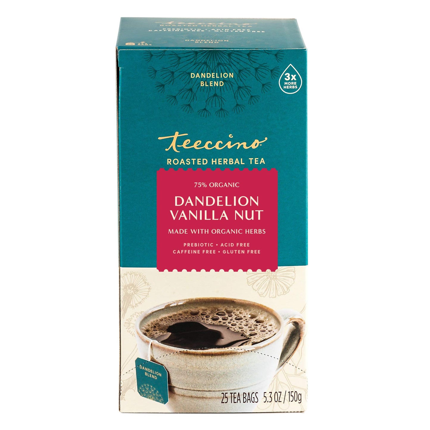 Teeccino Herbal Tea Dandelion Vanilla Nut Caffeine Free Prebiotic 25 Tea Bags