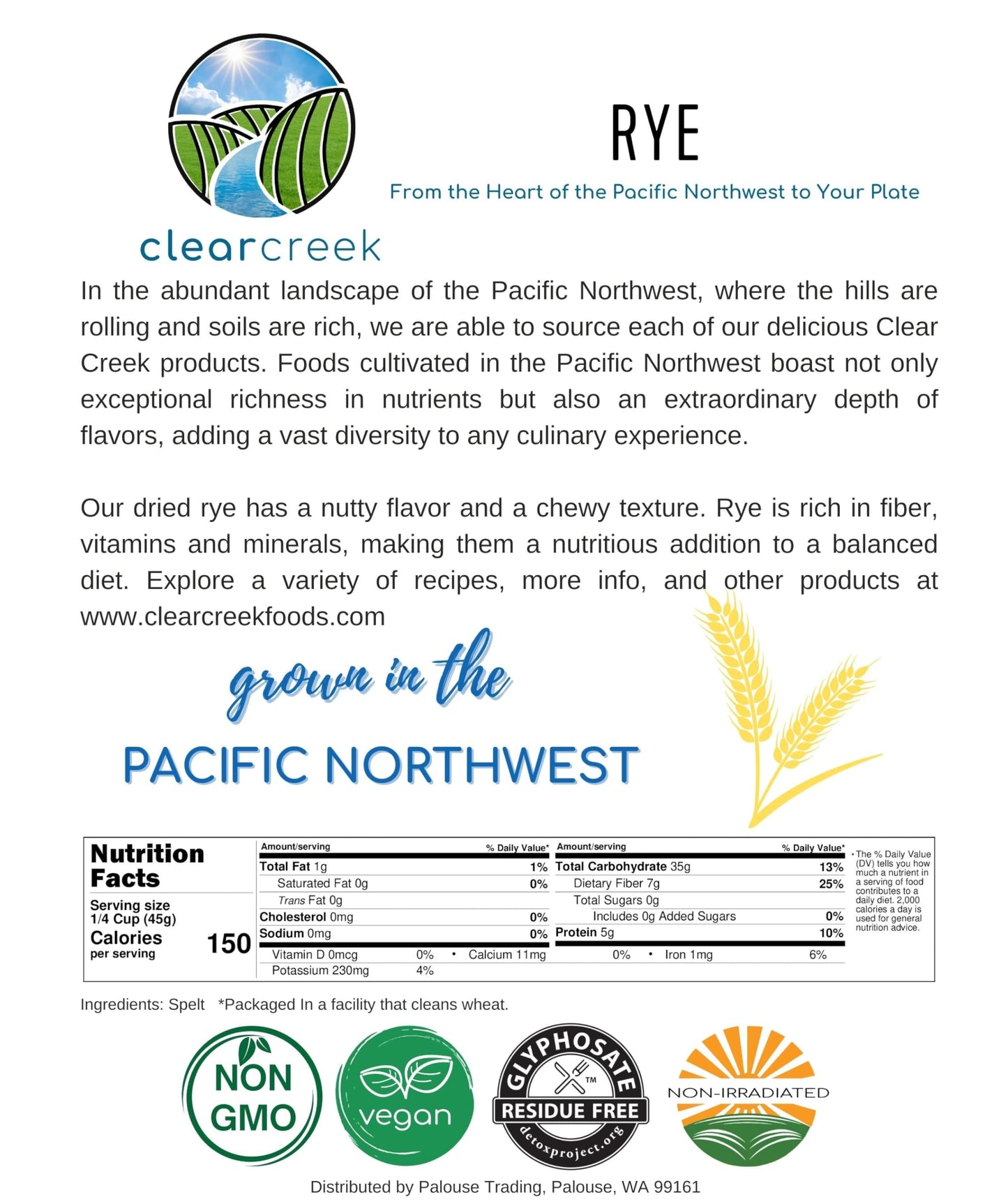 Certified Glyphosate Residue Free Rye Berries | Washington State Grown | 4 Lbs | Non-Gmo | Clear Creek Foods