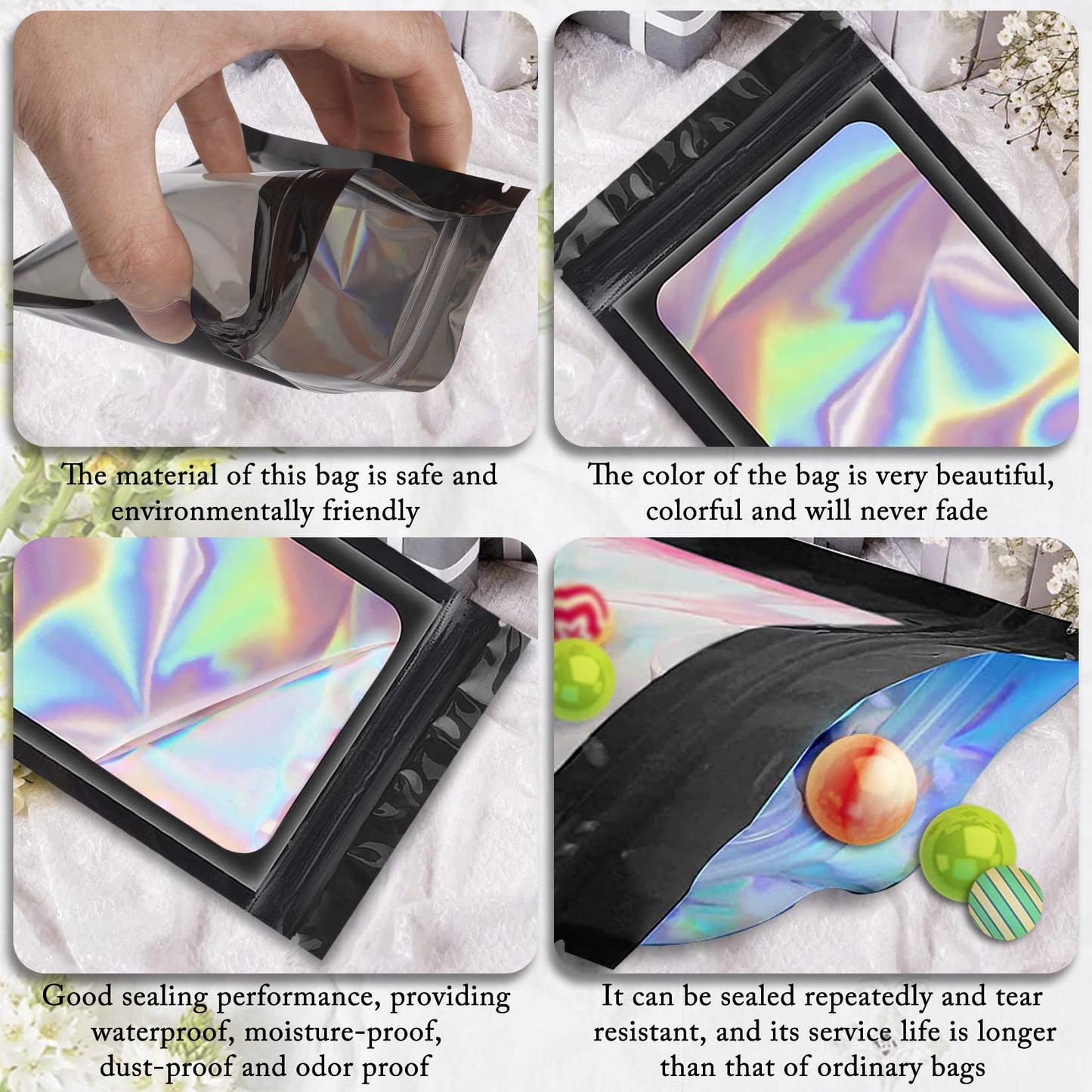 100 Pieces Smell Proof Mylar Bags, Holographic Packaging Bags, Resealable Odor Foil Pouch Zipper Bags With Clear Window For Food