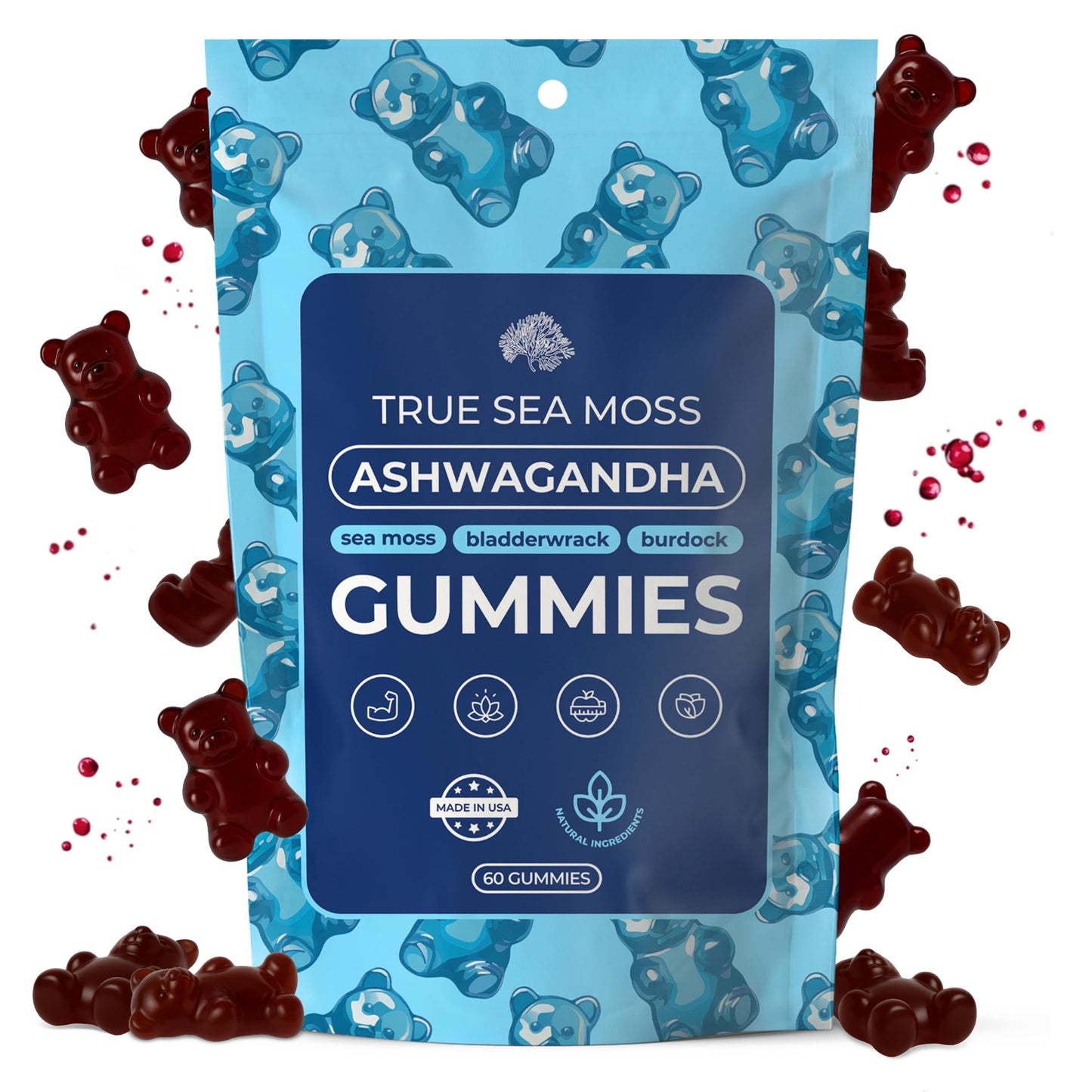 TrueSeaMoss Ashwagandha Gummies for Women & Men - Vegan Formula with Sea Moss Bladderwrack & Burdock Root - 60 Gummies (30-Day Supply)
