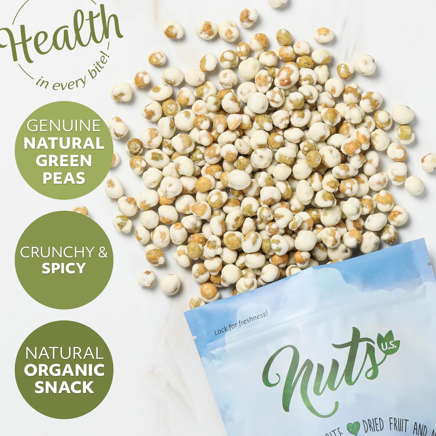 NUTS U.S. Wasabi Coated Natural Green Peas, 100% Natural, Crunchy & Spicy, 1 LB, Resealable Bag