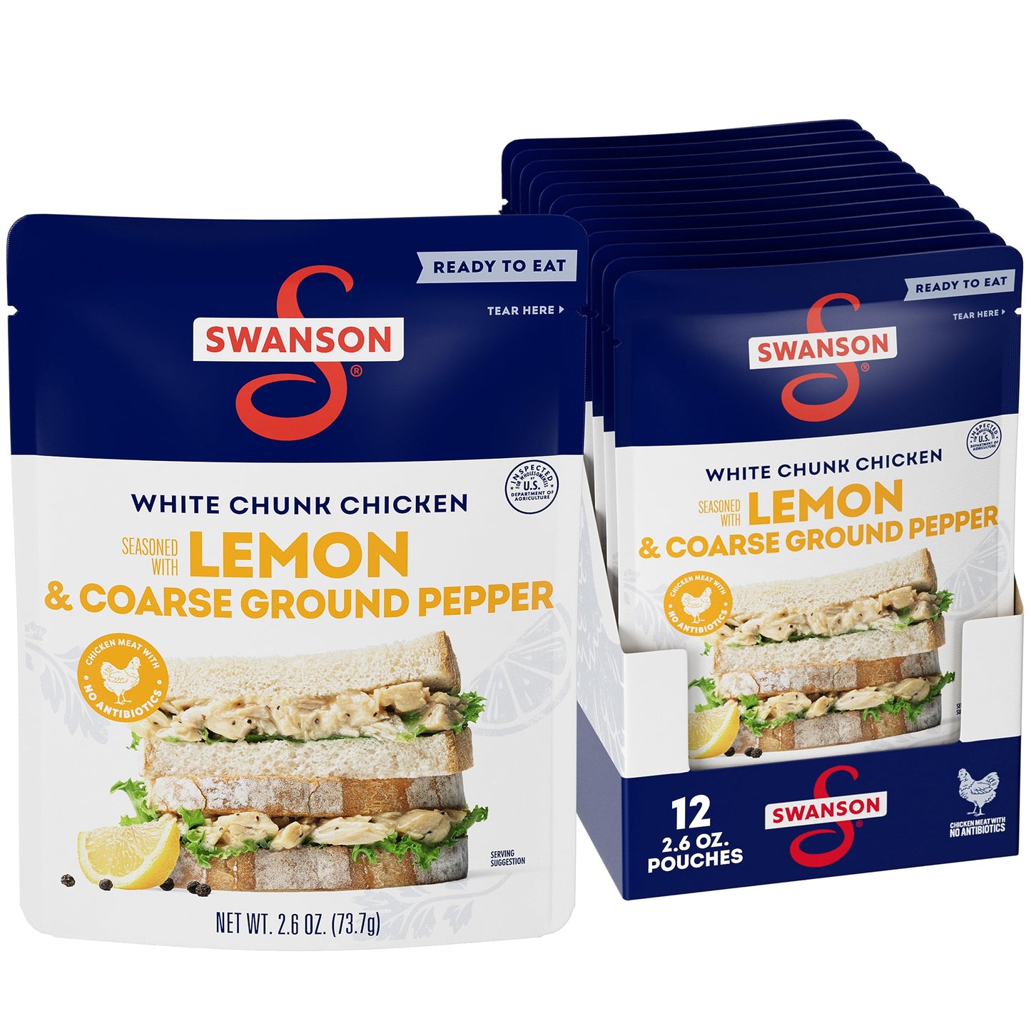 Swanson Lemon And Coarse Ground Pepper White Chunk Cooked Chicken, Ready To Eat, On-The-Go Meals, 2.6 Oz Pouch (Case Of 12)