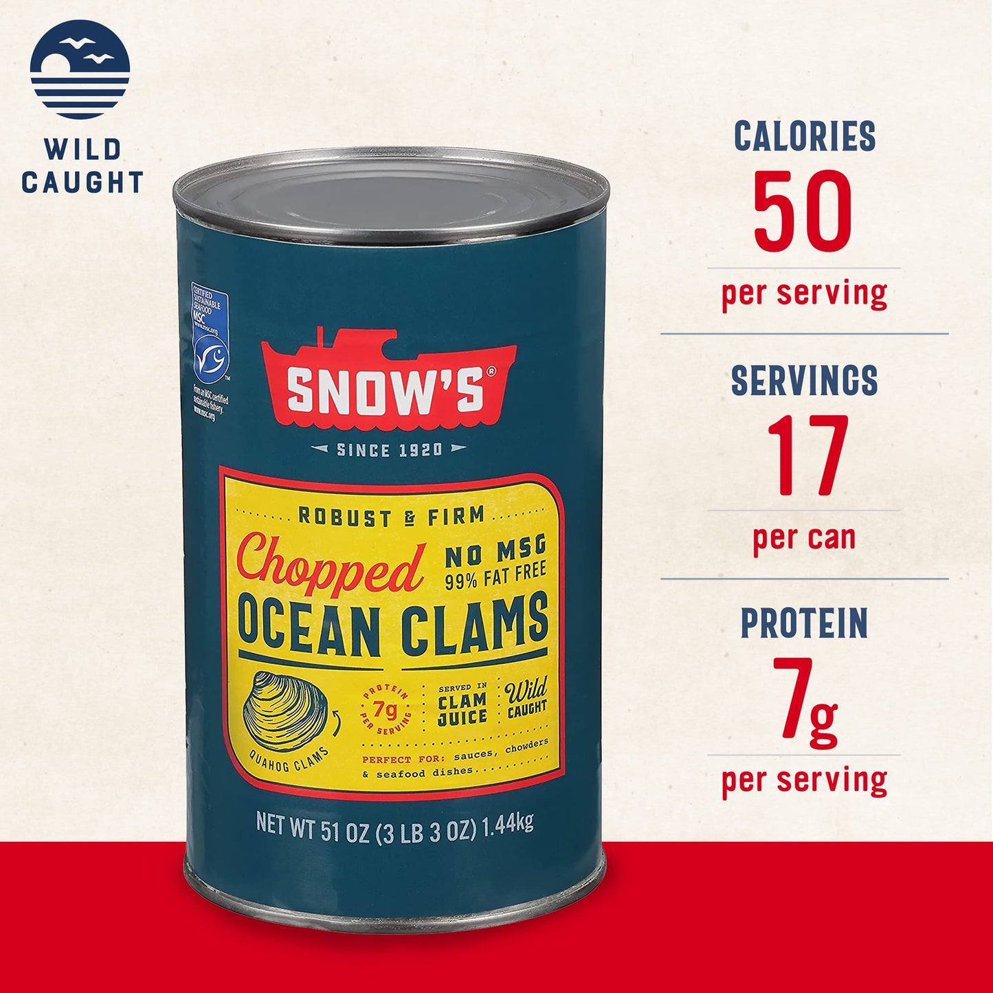Snows Ocean Chopped Clams Canned, 51 oz Can - 7g Protein per Serving - Gluten Free, No MSG, 99% Fat Free - Great for Pasta & Se
