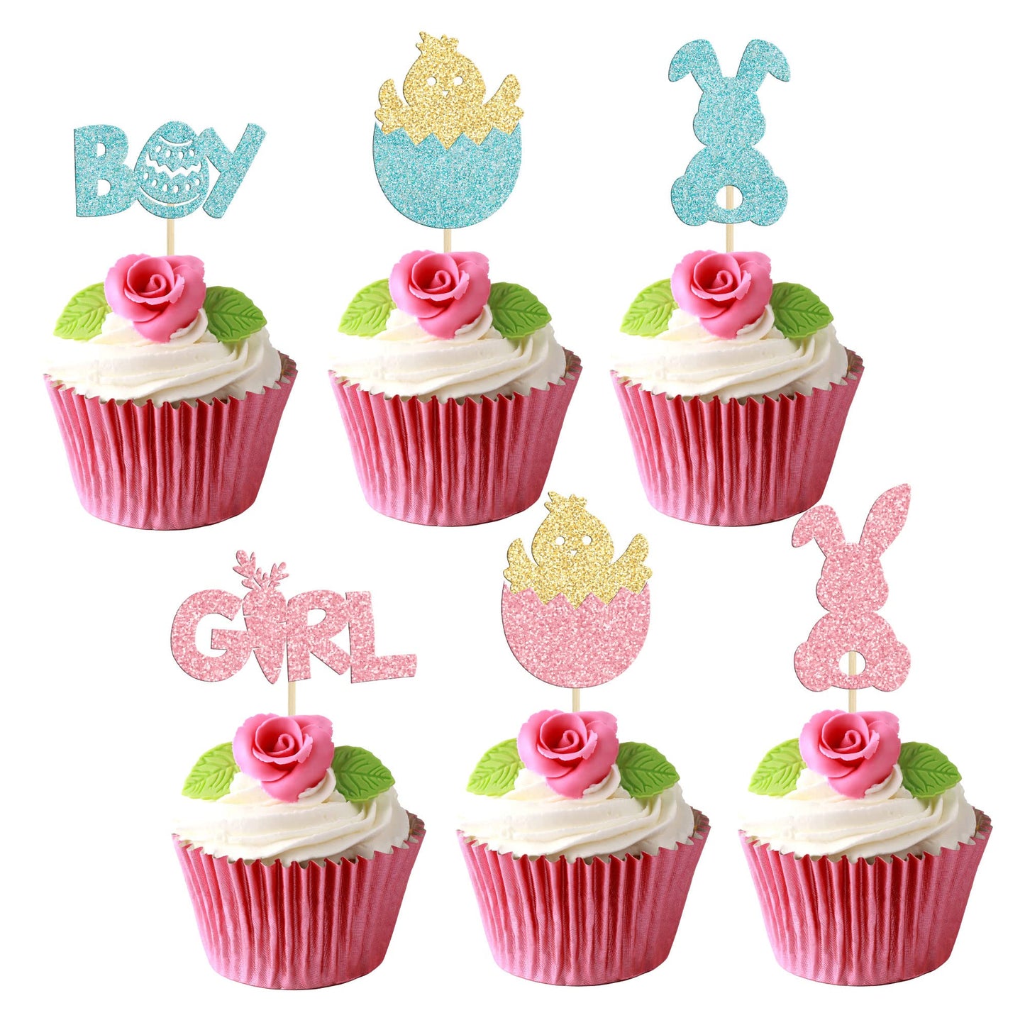 Gyufise 24Pcs Happy Easter Gender Reveal Cupcake Toppers Boy Or Girl Cake Topper Bunny Egg Decorations For Easter Party Bunny Theme Gender Reveal Babyshower Party Decorations