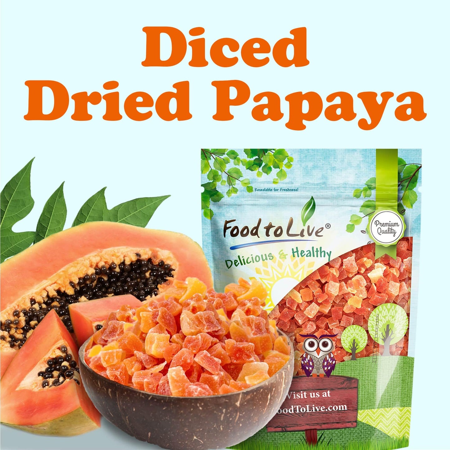 Food To Live Dried Diced Papaya, 8 Ounces Kosher, Vegan, Sweetened, Unsulfured, Bulk