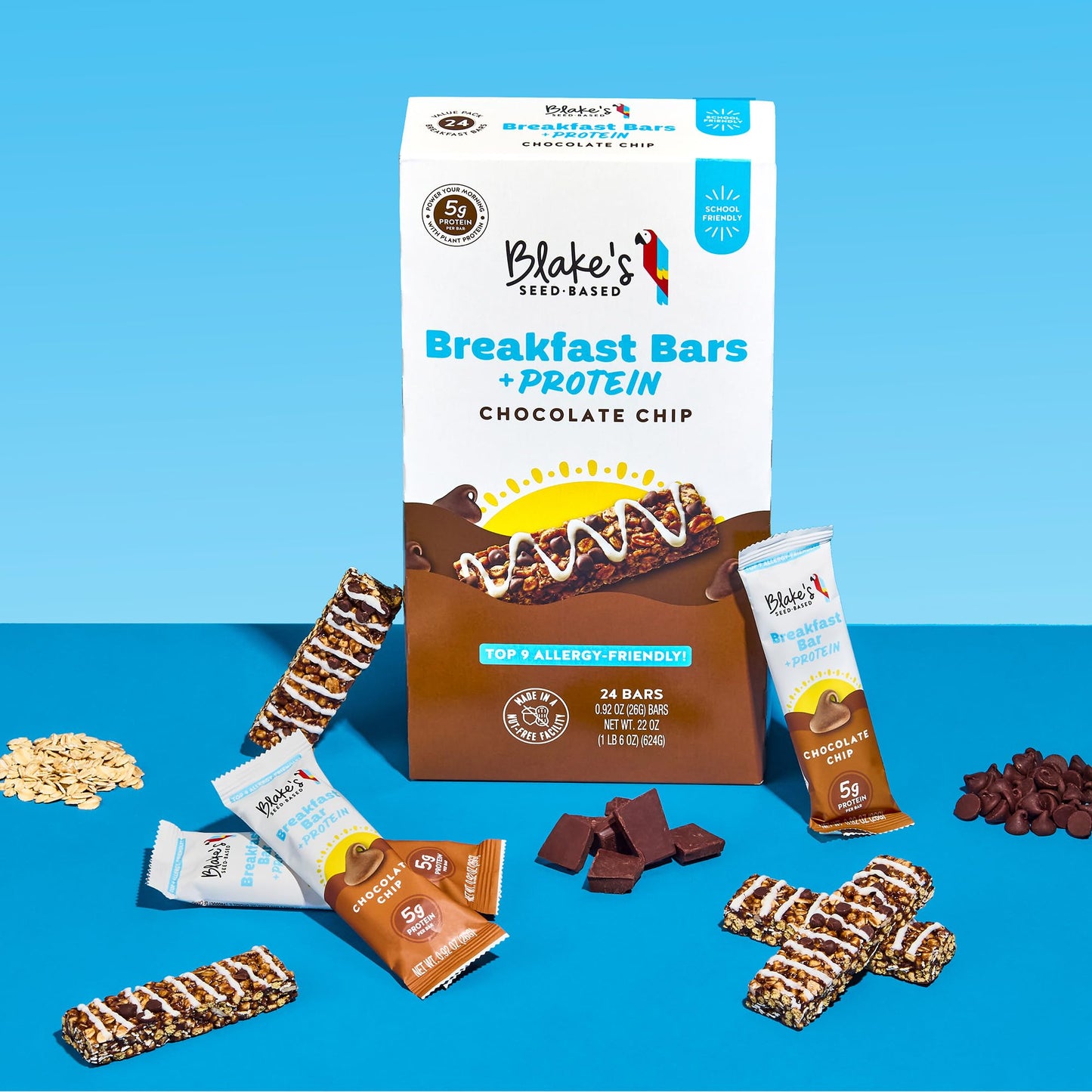 Blakes Seed Based Breakfast Bars, Chocolate Chip, 5g Plant-Based Protein, Gluten Free, Nut Free, Vegan, 24 Count