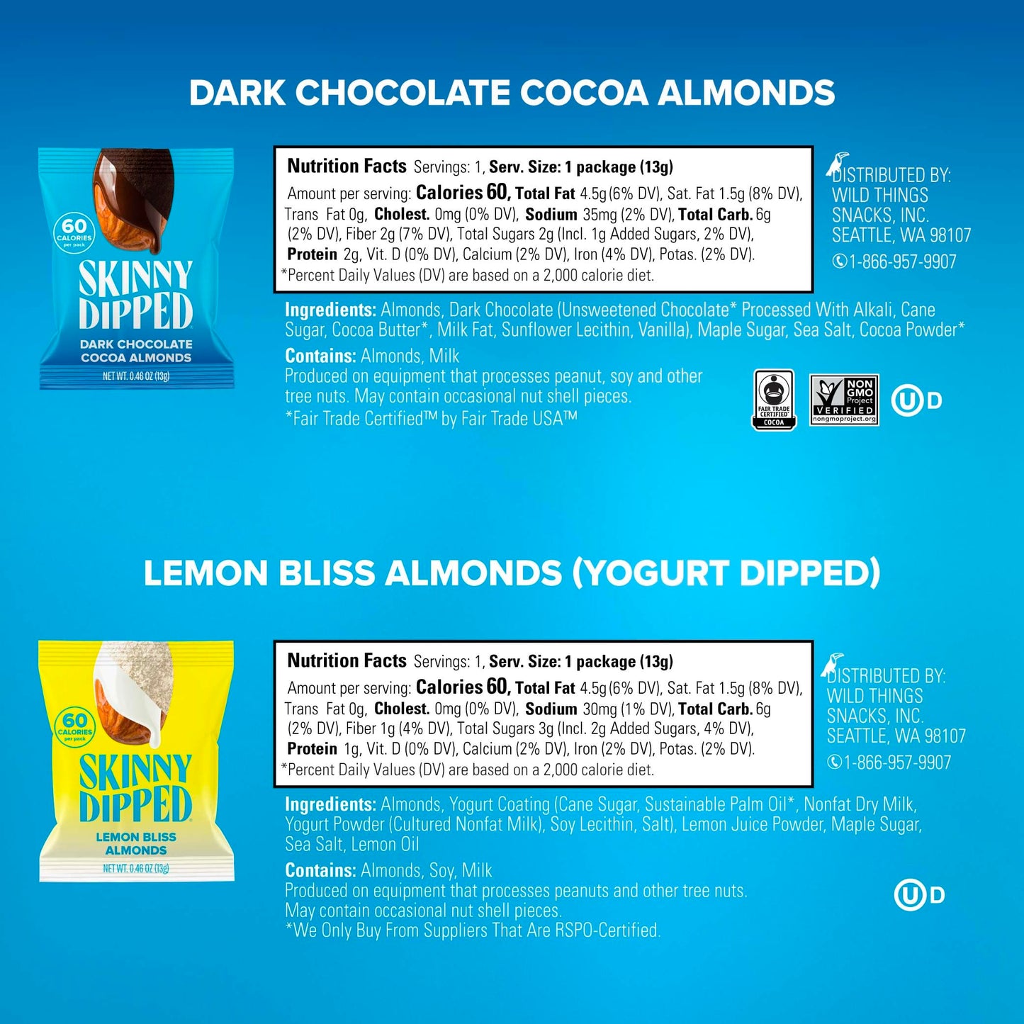 Skinnydipped Snack Attack Minis Almond Variety Pack, Healthy Snack, Plant Protein, Gluten Free, 0.46 Oz Mini Bags, Pack Of 25