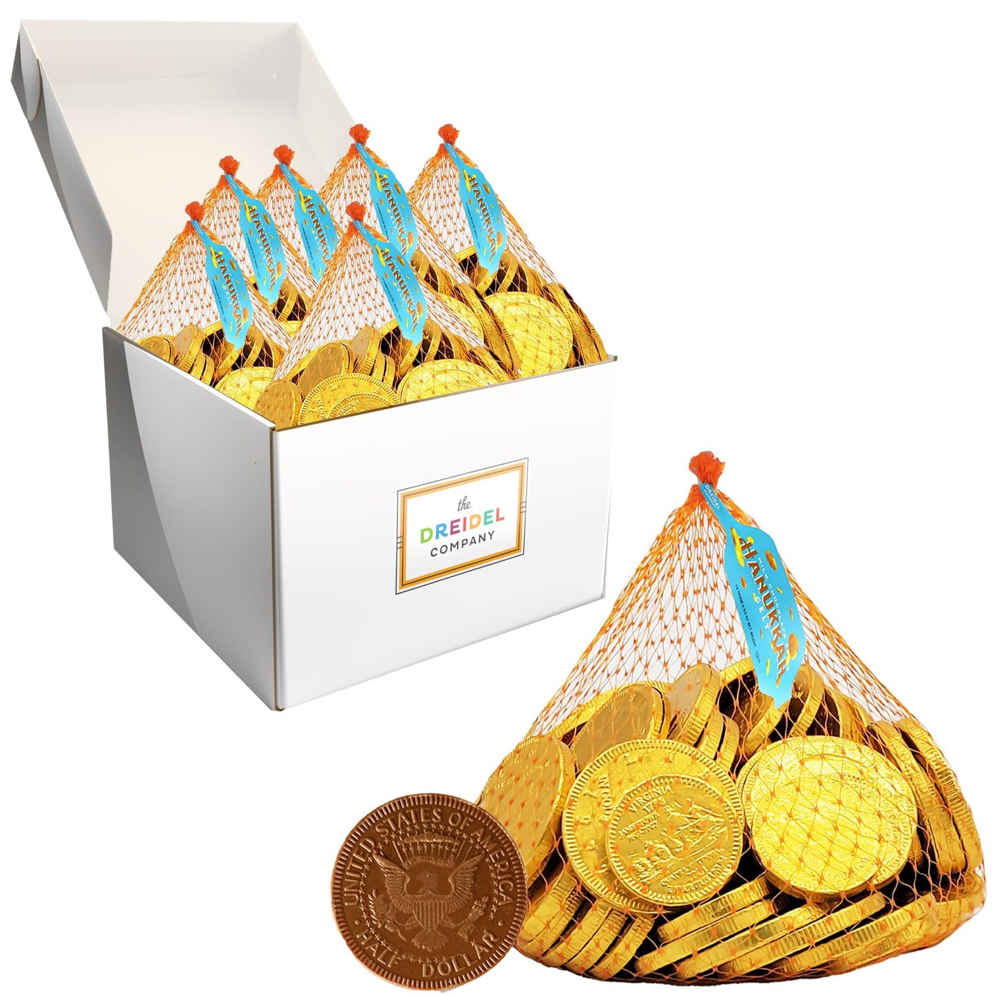 The Dreidel Company Hanukkah Milk Chocolate Coins 6- Large Mesh Bag Chanuka Gelt Get 70 Half Dollar Coins Per Bag Made With Top-Grade Nut-Free Belgian Chocolate Kosher Certified Dairy Approx. 420 Total Gelt 6-Pack
