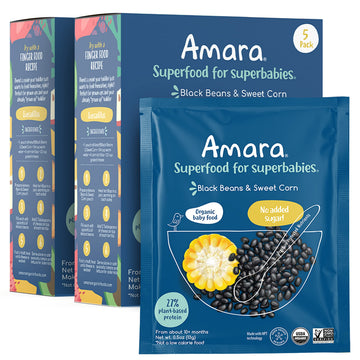 Amara Organic Baby Food - Stage 3 - Black Bean & Sweet Corn - Baby Cereal To Mix With Breastmilk, Water Or Baby Formula - Shelf Stable Baby Food Pouches Made From Organic Veggies - 10 Pouches, 3.5Oz Per Serving