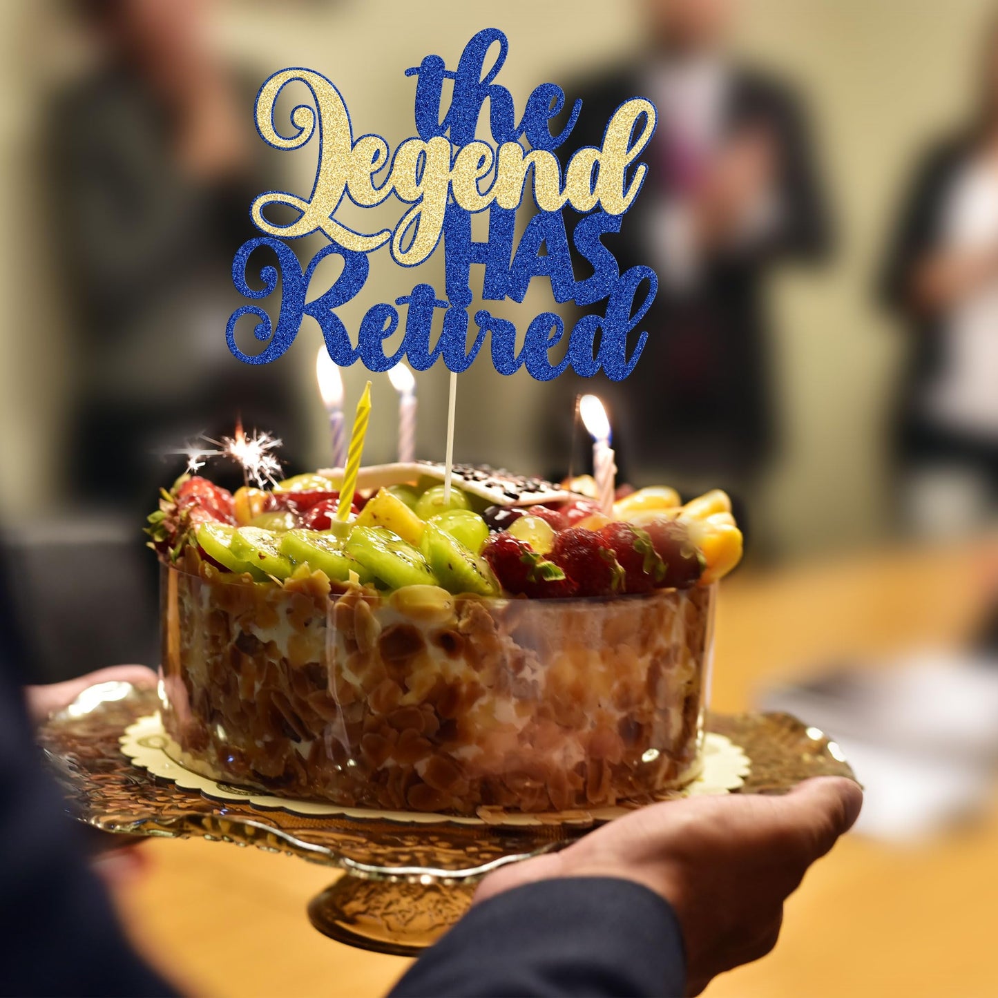 Gyufise Glitter Cake Topper - The Legend Has Retired Farewell Decoration in Blue & Gold for Retirement Party Supplies