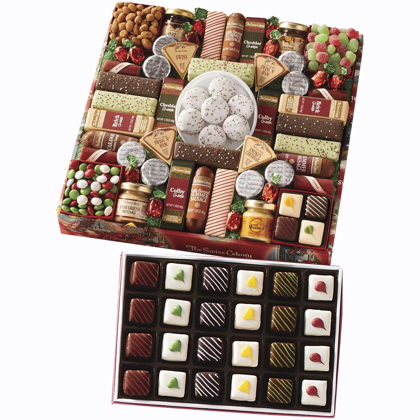 The Swiss Colony 43 Season Pleasers And Petits Fours Gift Bundle - Assorted Cheeses Chocolates Candies And Summer Sausage Meats Gourmet Chocolate And Swiss Creme Mini Layer Cakes
