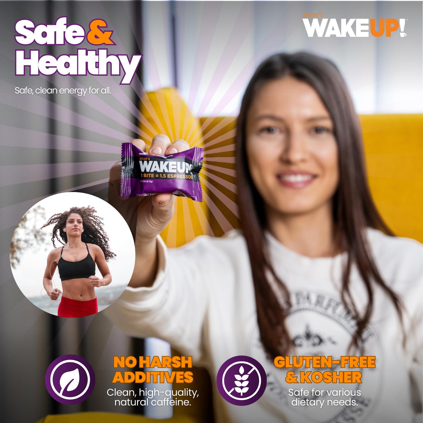 Jesses WakeUP! Caffeinated Peanut Butter Protein Bites – 175mg Clean Caffeine, Gluten-Free, 8 Pack, 1 Bite = 1.5 Espressos