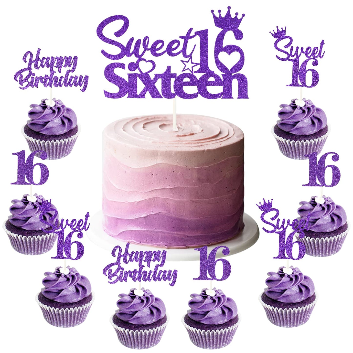 Joymemo 25 Pack 16Th Birthday Cake Decorations Purple, Sweet 16 Sixteen Cake Topper, Happy Birthday Sweet 16 Cupcake Toppers For