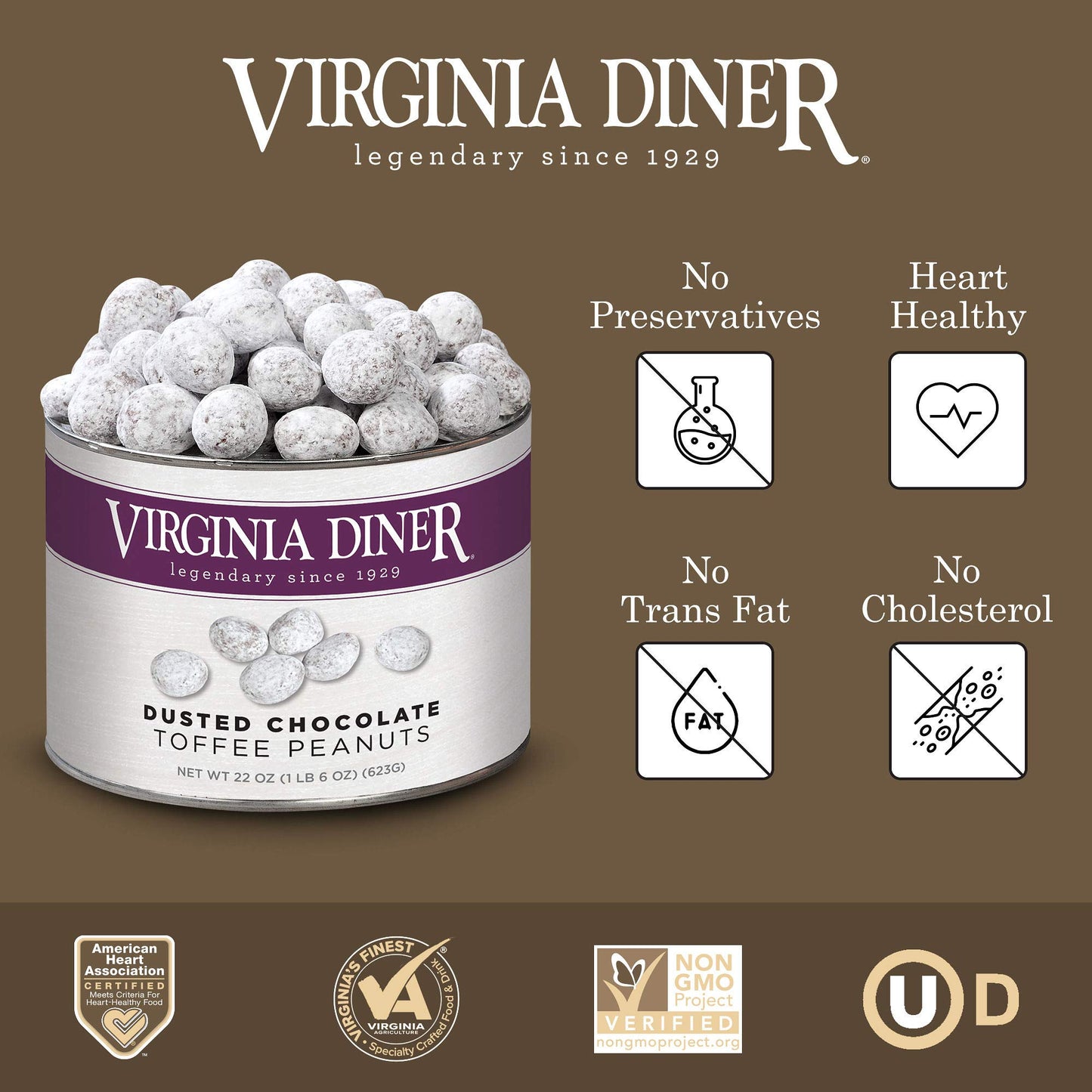 Virginia Diner - Gourmet Natural Extra Large Dusted Chocolate Toffee Virginia Peanuts, 22 Ounce Tin
