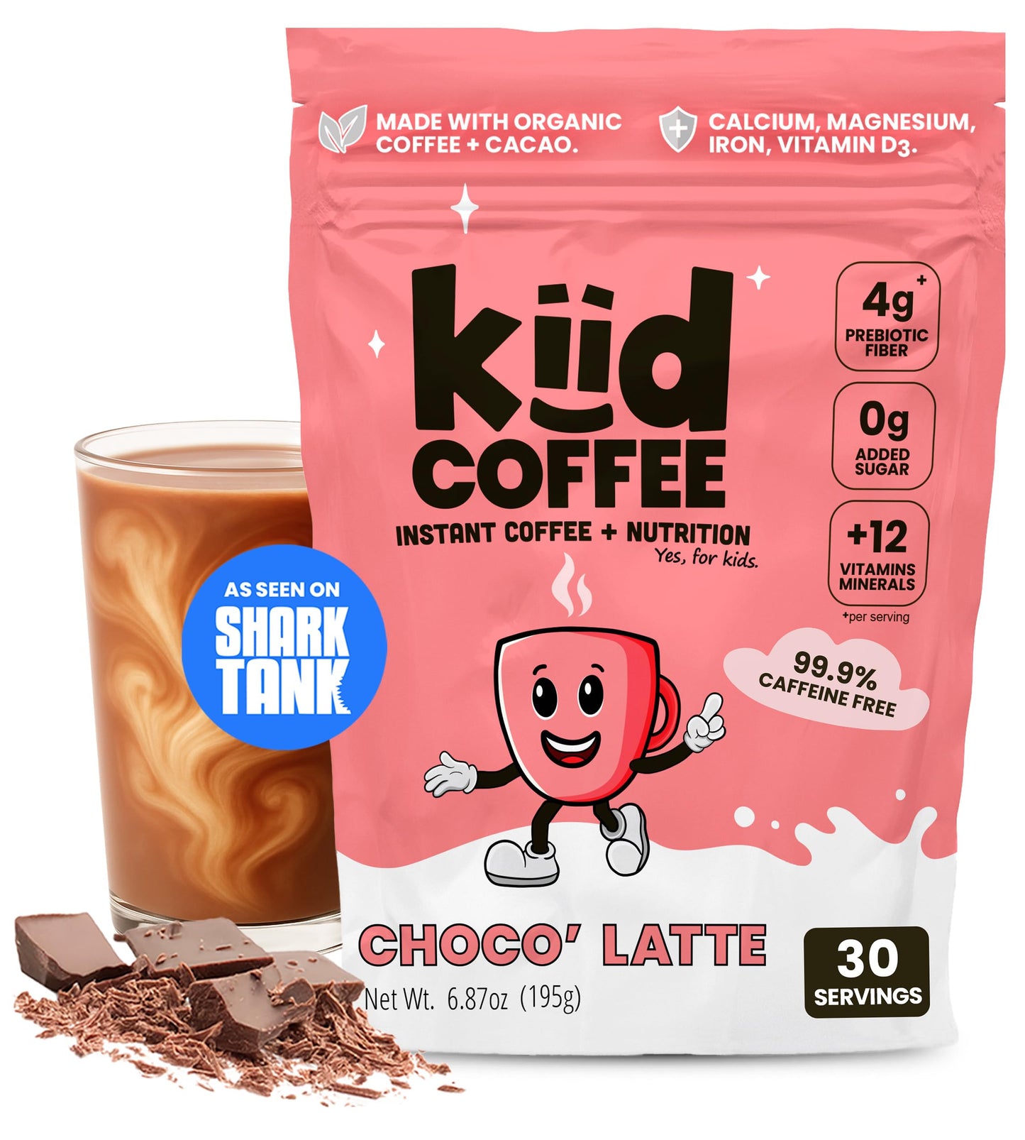 Kiid Coffee - 99.9% Energy Blend-Free Organic Coffee For Kids - As Seen On Marine Theme Tank - 12 Vitamins & Minerals 4G Prebiotics 0G Sugar - Non-Gmo & Gluten-Free - Healthy Snack - Chocolate - 30 Servings