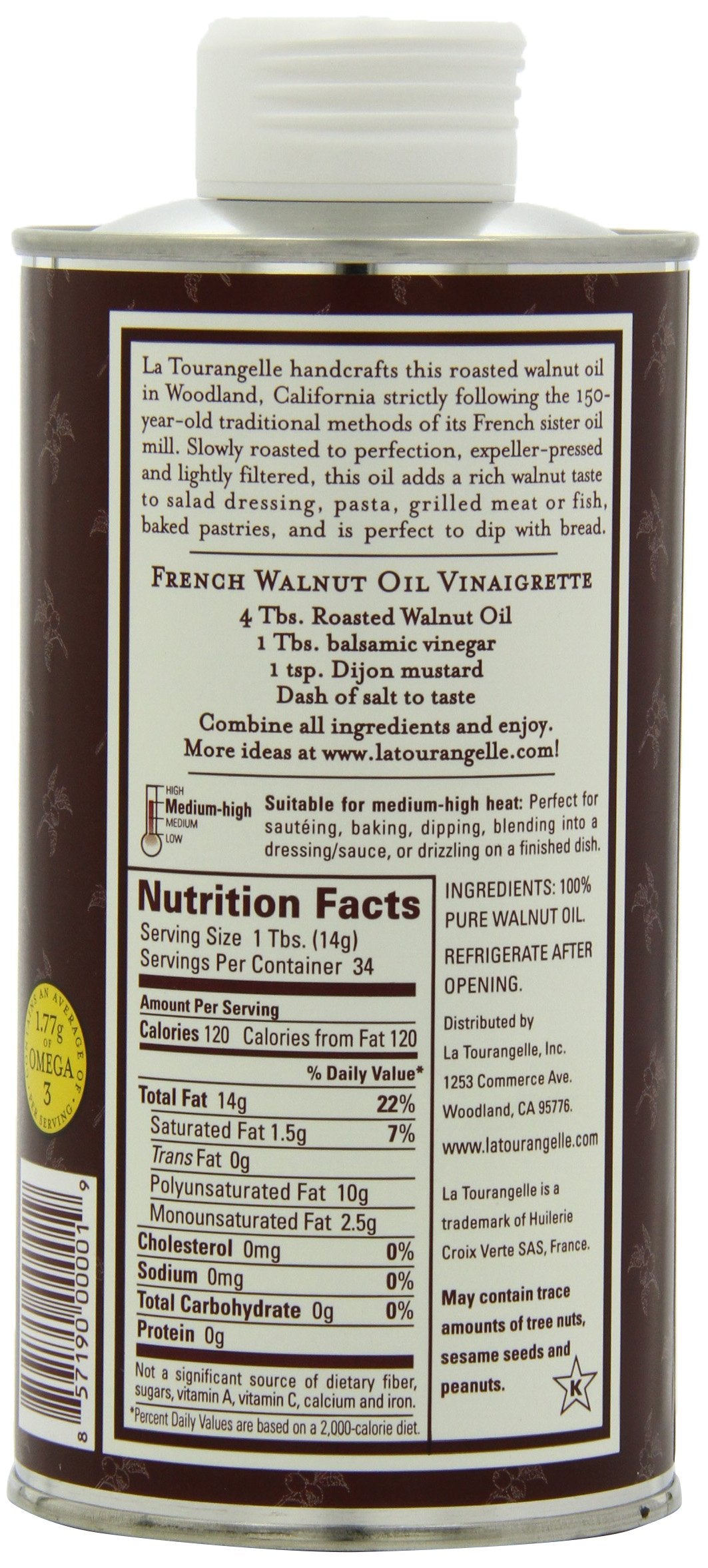 La Tourangelle, Roasted Walnut Oil, 16.9 Ounce Cans (Pack of 3) (Packaging may Vary)