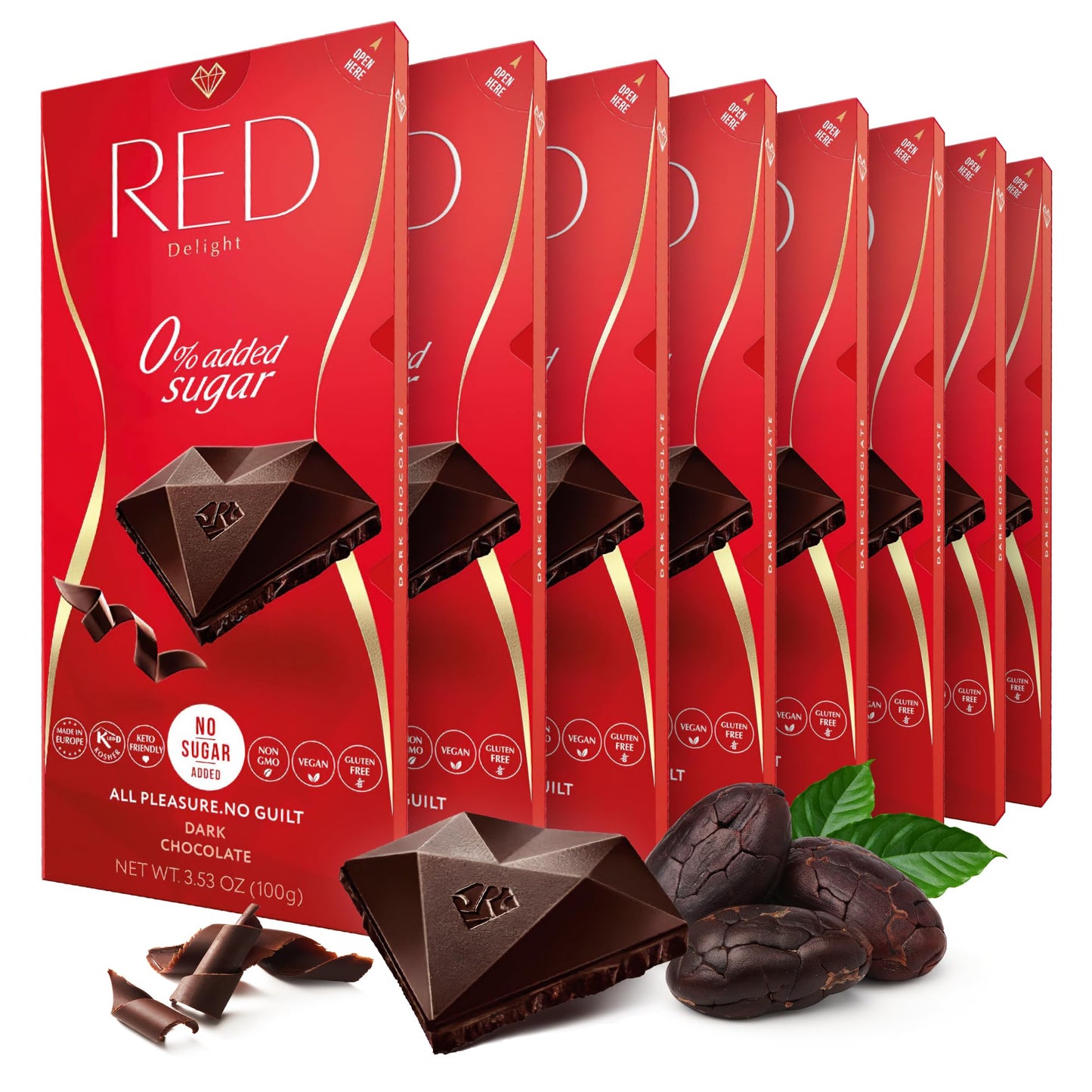 Red Delight Dark Chocolate Bars - 3.53 Oz Pack Of 8 - European Vegan- Low Carb Kosher No Added Sugar Gluten-Free Smooth Creamy Keto-Friendly Guilt-Free Snack