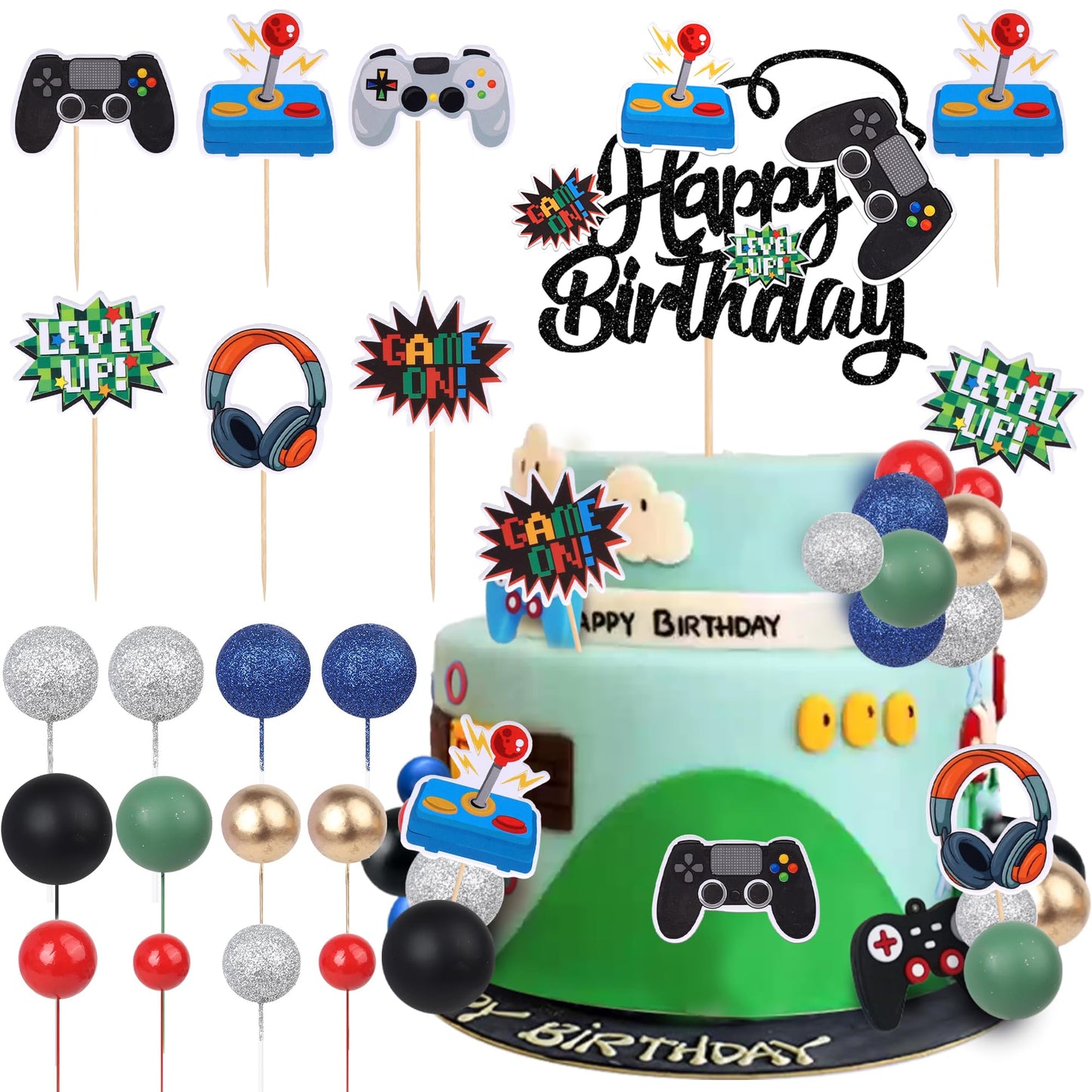 30 Pcs Video Game Happy Birthday Cake Topper Game On Controllers Gamepad Cupcake Toppers Balloon Foam Ball Diy Decorations For Video Game Theme Baby Shower Birthday Party Cake Decorations Supplies