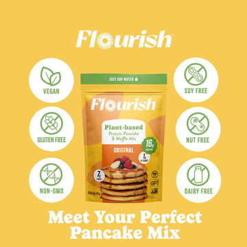 Flourish Plant-Based Protein Pancake & Waffle Mix, Gluten-Free, Dairy-Free, Nut-Free, Soy-Free, Vegan, Non-Gmo, All-Natural Supe