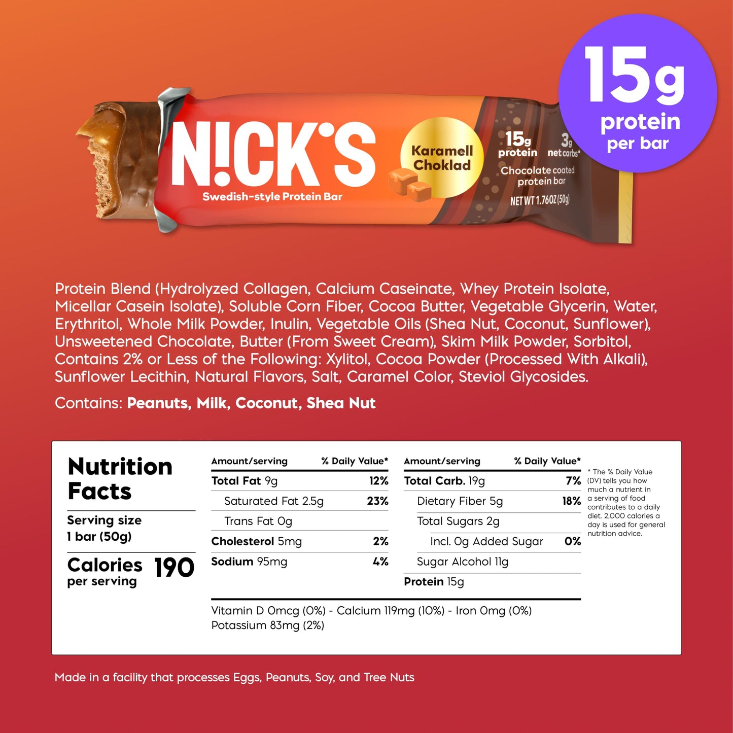 Nicks Protein Bars Chocolate Caramel | 15g protein | 190 calories | Low Carb Keto Friendly Snacks No Added Sugar (Multipack 24
