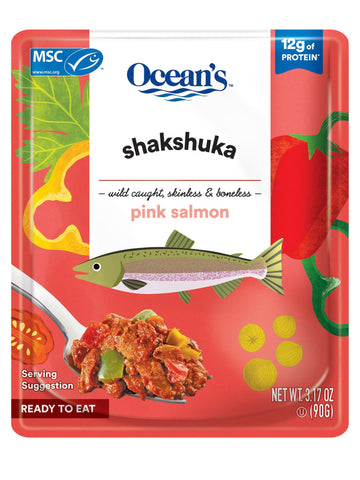 Ocean's Shakshuka w/Pink Salmon | 3.17oz - 6 Pack | Wild Caught | Skinless & Boneless | Ready-to-eat | (6-Pack, Shakshuka)