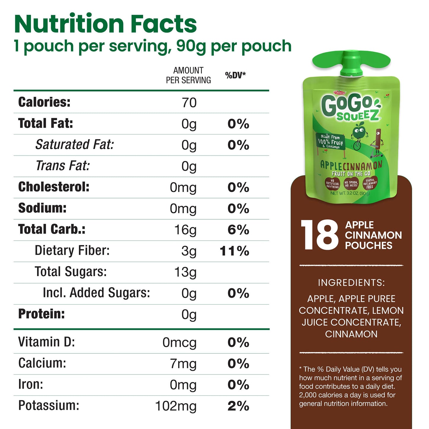 Gogo Squeez Fruit On The Go, Apple Cinnamon, 3.2 Oz (Pack Of 18), Unsweetened Fruit Snacks For Kids, Gluten Free, Nut Free And D