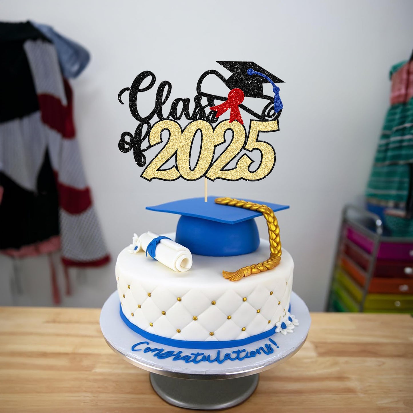 Gyufise 1 Pack Class Of 2025 Cake Topper Gold Glitter Diploma Cap 2025 Graduation Cake Pick Decoration For Senior High School University College Graduation Congrats Grad Party Decorations