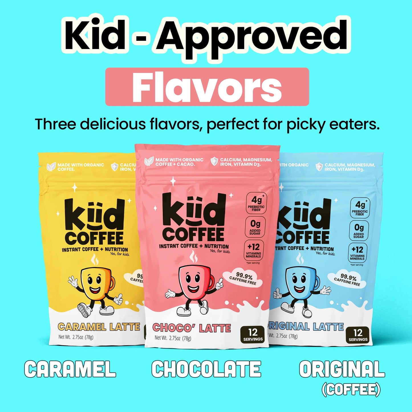 Kiid Coffee - 99.9% Caffeine-Free Organic Coffee for Kids - As Seen on Shark Tank - 12 Vitamins & Minerals 4g Prebiotics 0g Sugar - Non-GMO & Gluten-Free - Healthy Snack - Original - 12 Servings