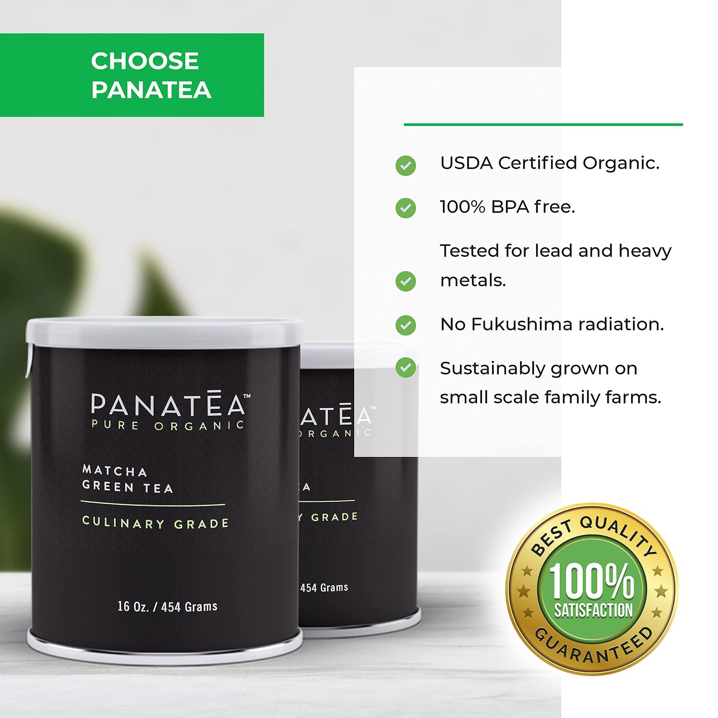 Panatea Certified Organic Matcha Green Tea Powder | 1 Lb 100% Pure Premium Culinary Grade Matcha | Lattes, Smoothies, Baking |16