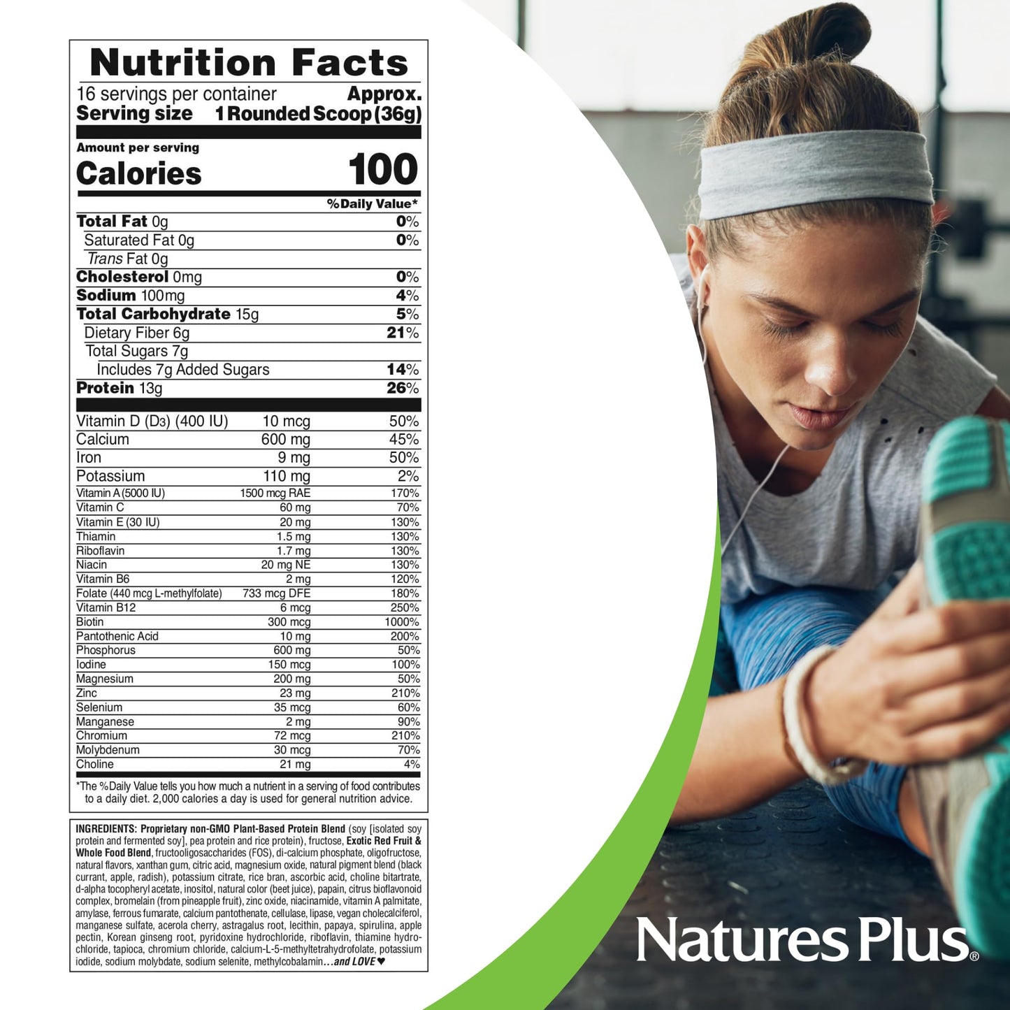 NaturesPlus FRUITEIN Exotic Red Fruit Shake - Plant-Based Protein, 1.3 lbs, 13g/Serving, Vegetarian, Gluten Free, Non-GMO, Model 001740