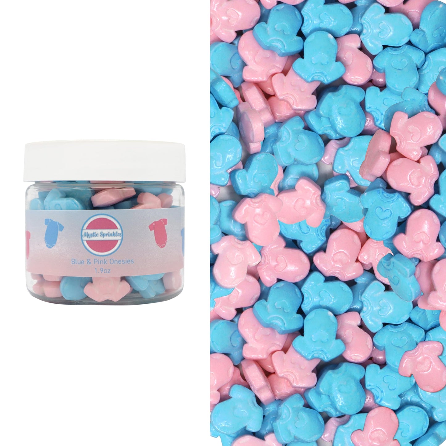 Mystic Sprinkles Baby Shower Themed Candy Shapes Sprinkles (Blue & Pink Onesies 2Oz Jar)