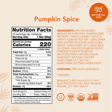 ALOHA Organic Plant Based Protein Bars, Pumpkin Spice, Vegan, Gluten-Free, Low Sugar, 12 Count