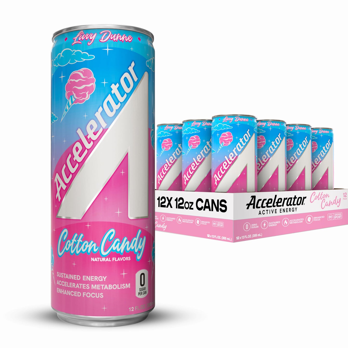 ACCELERATOR Sugar Free Energy Drink, Cotton Candy, 12 fl oz (12 pack), 200mg Natural Caffeine, Zero Sugar