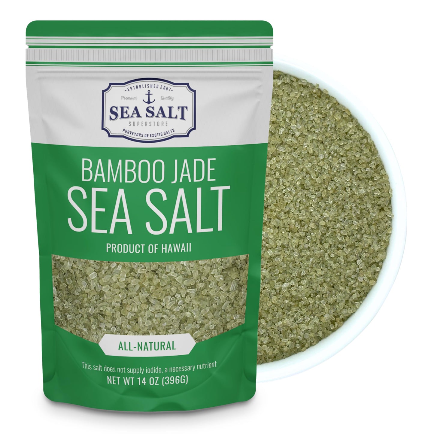 Hawaiian Bamboo Jade Sea Salt - Green Fine Sea Salt Infused With Real Bamboo Leaf Extract - For Finishing Grilling & Seasoning - 14 Oz Bag