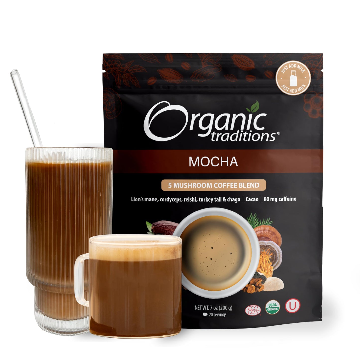 Organic Traditions Mocha Mushroom Coffee - Organic Instant Mushroom Coffee With Cacao Lions Mane Chaga Cordyceps Reishi LionS Mane And Turkey Tail - Organic Adaptogen Latte To Support Energy Focus & Immune Health (10 Servings) - 200G/7Oz Bag