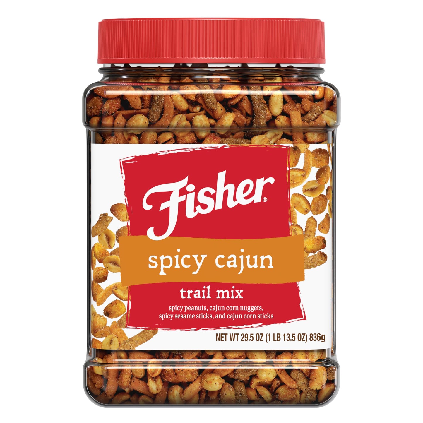 Fisher Snack Spicy Cajun Trail Mix 29.5 Oz (Pack Of 1) Resealable Jar Bold & Crunchy Snack Mix With Peanuts Corn Nuggets Sesame Sticks And Corn Sticks Mildly Spicy Party Trailmix Snacks For 18+ Uses