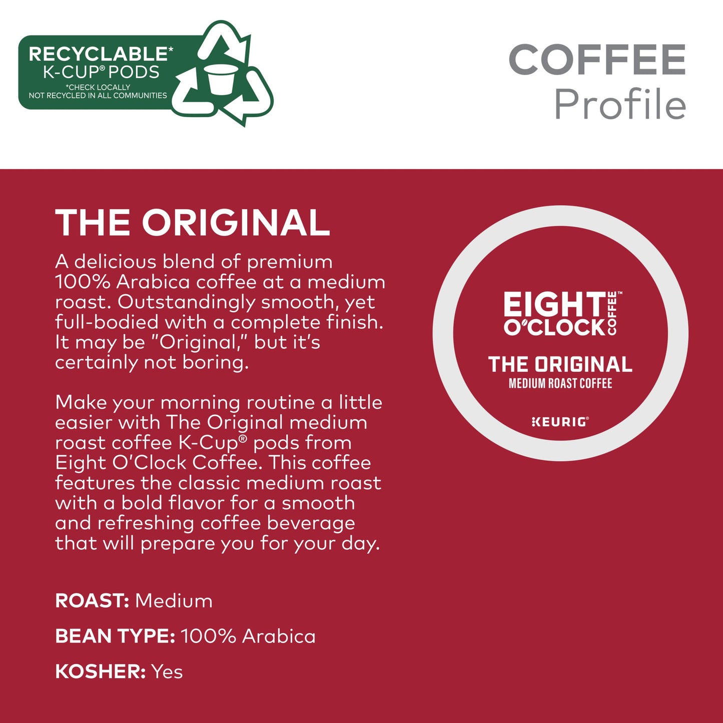 Eight O Clock, The Original, Single-Serve Keurig K-Cup Pods, Medium Roast Coffee, 144 Count (6 Boxes Of 24 Pods)